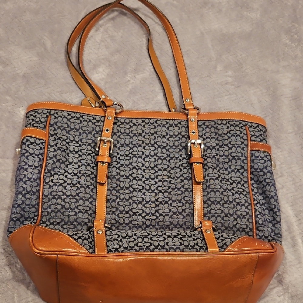 Coach Blue and Tan Signature Tote Bag